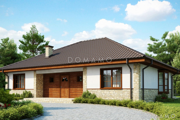 Проект одноэтажного дома с подвалом, эркером в гостиной, тремя спальнями