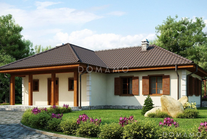 Проект одноэтажного дома из газобетона с тремя спальнями и барбекю на террасе