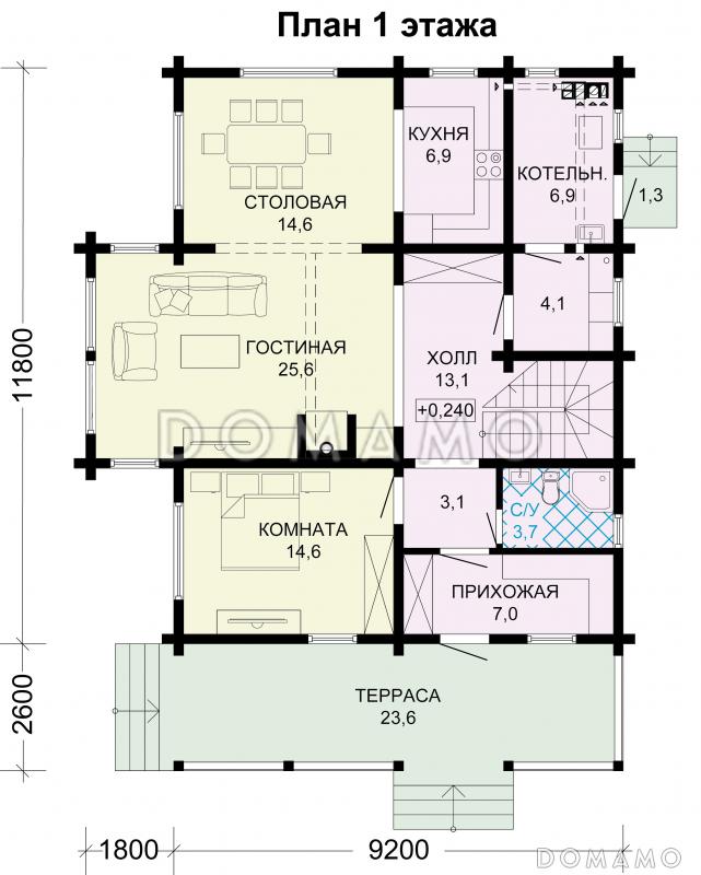 Проект дома из бруса с большой крытой террасой / План 1 этажа