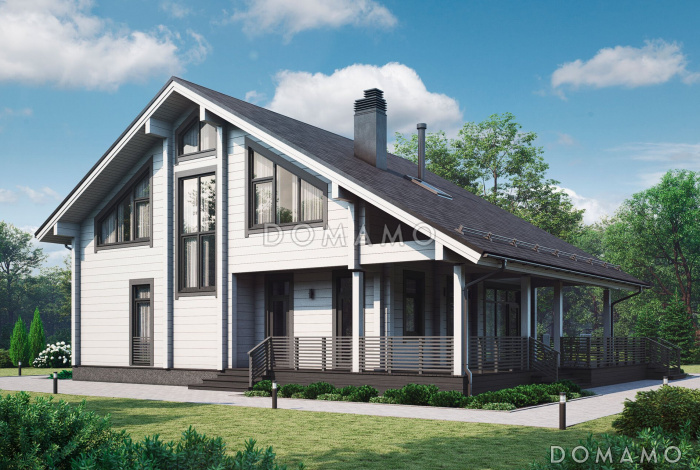 Проект дома из бруса с 4 спальнями, вторым светом и длинной террасой