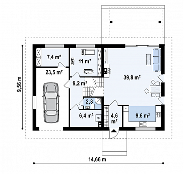 Проект аккуратного одноэтажного дома из газобетона с подземным гаражом и тренажёрным залом в подвальном помещении / План 1 этажа