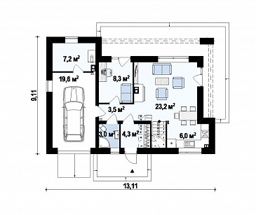 Проект одноэтажного мансардного дома из газобетона с прямоугольным выступом на втором уровне / План цокольного этажа