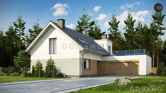 Проект комфортного одноэтажного мансардного дома из газобетона с гаражом и террасой над ним