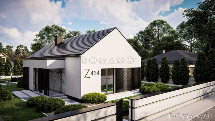 Проект одноэтажного дома с грамотной планировкой, эркером, навесом, объединенной кухней и гостиной