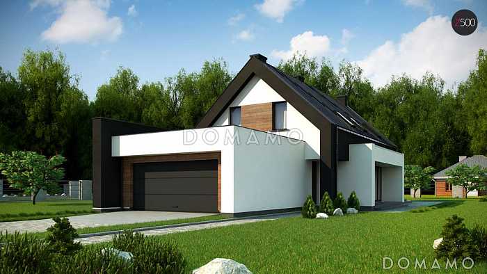 Проект удобного современного одноэтажного мансардного дома из газобетона с гаражом и тремя спальнями на мансарде