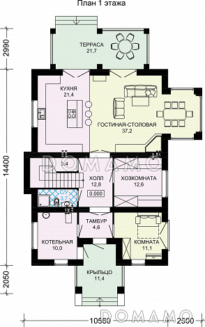 Проект двухэтажного особняка из газобетона с мансардой, балконом и террасой / План 1 этажа
