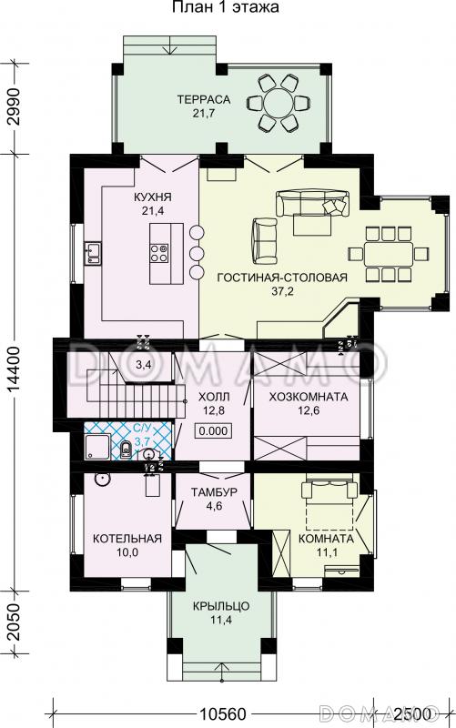 Проект двухэтажного особняка из газобетона с мансардой, балконом и террасой / План 1 этажа
