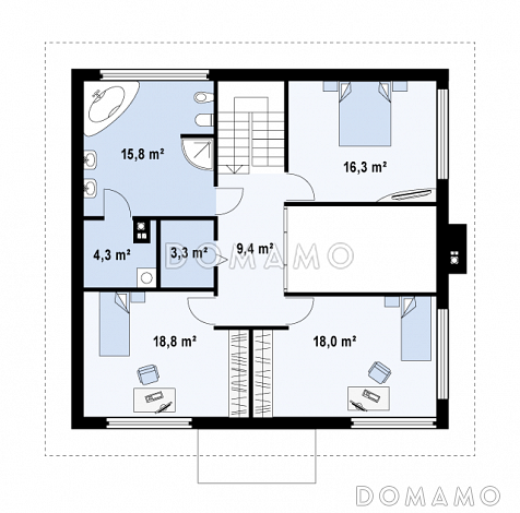 Проект простого комфортного двухэтажного дома из кирпича с тремя спальнями, вторым светом и гаражом / План 2 этажа