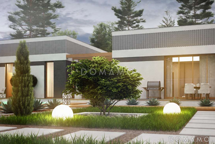 Проект современного одноэтажного дома из кирпича с тремя спальнями, гаражом и внутренним двориком переходящим в открытую террасу