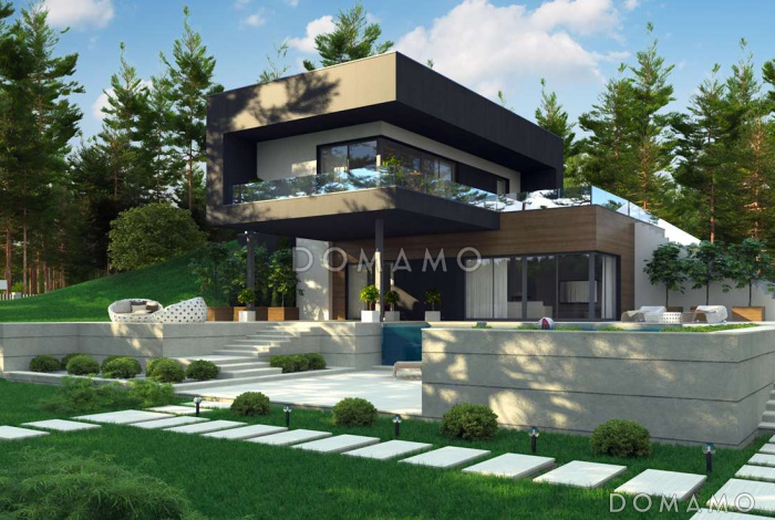 Проект современного двухэтажного дома из газобетона с плоской крышей необычного дизайна, подходит для участка со склоном