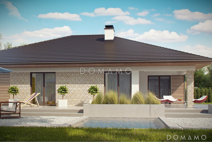 Проект дома с гаражом на две машины, мастер-спальней, кладовой на кухне, террасой