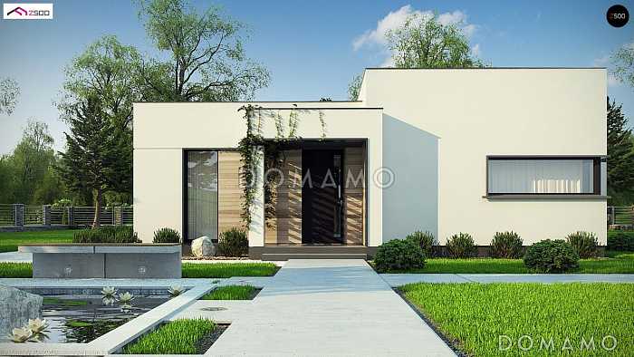 Проект современного одноэтажного дома из кирпича с плоской крышей с тремя спальнями и частично крытой террасой