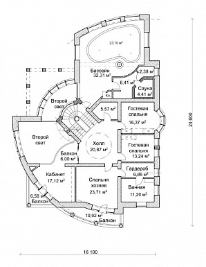 Проект дома с двусветной гостиной и бассейном / План 2 этажа