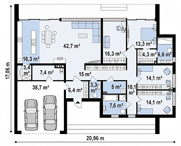 Проект просторного современного одноэтажного дома из кирпича с плоской крышей, большой площадью остекления, с четырьмя спальнями и большим гаражом / План 1 этажа