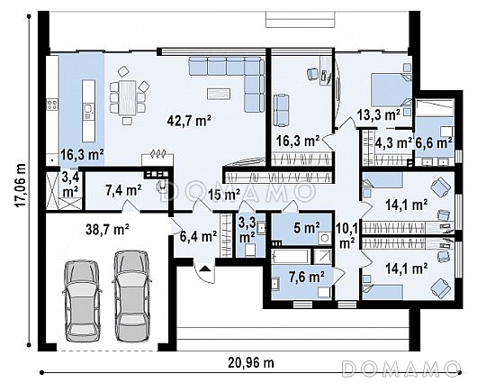 Проект просторного современного одноэтажного дома из кирпича с плоской крышей, большой площадью остекления, с четырьмя спальнями и большим гаражом / План 1 этажа