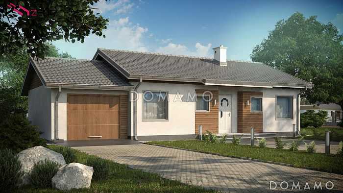 Проект одноэтажного дома простой формы с двухскатной крышей, гаражом, ванной с окном