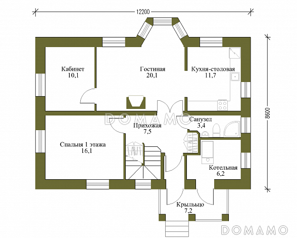 Проект каркасного коттеджа с лоджией в европейском стиле / План 1 этажа