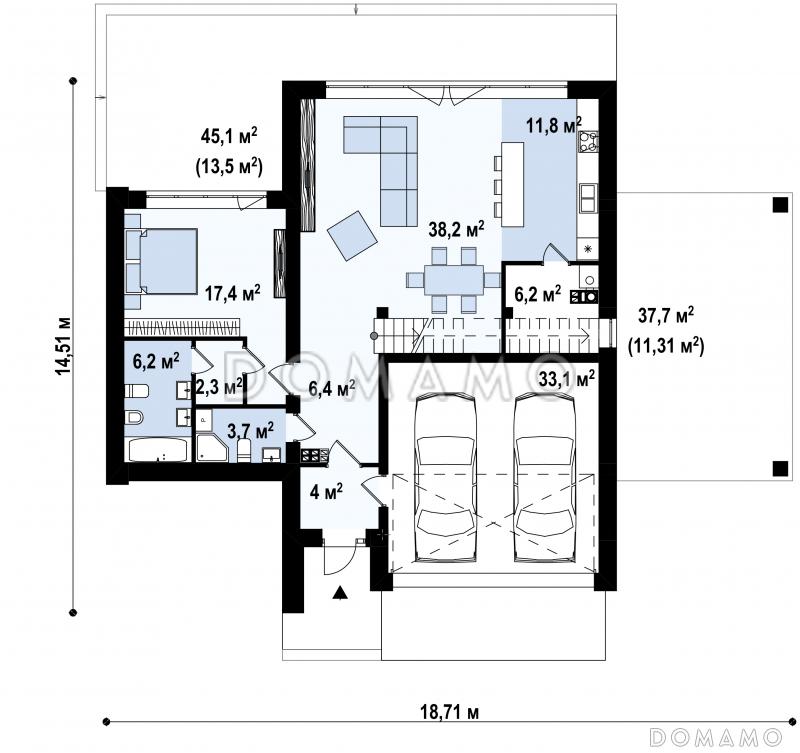 Проект современного двухуровневого дома из кирпича с несколькими террасами, двухместным гаражом и навесом / План 1 этажа