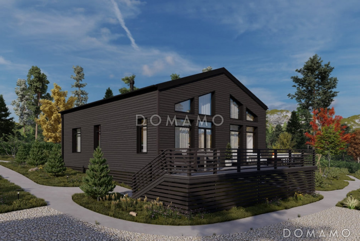 Проект каркасного дома с патио, мансардой и открытой террасой