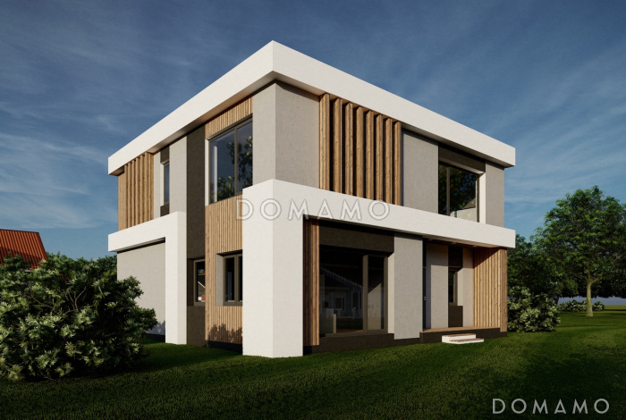 Проект двухэтажного дома с панорамными окнами, кабинетом, 3 спальнями, кухней-гостиной