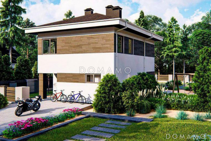 Проект загородного дома с камином в гостиной, вытянутой кухонной зоной с окнами, санузлом с душевой на первом этаже