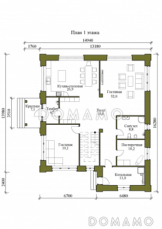 Проект двухэтажного дома с гостевой, гостиной и кухней столовой на первом этаже / План 1 этажа