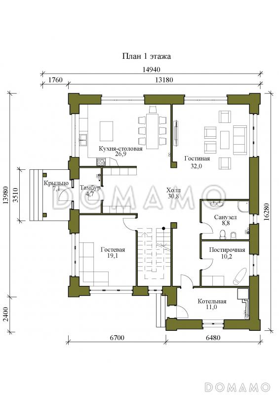 Проект двухэтажного дома с гостевой, гостиной и кухней столовой на первом этаже / План 1 этажа