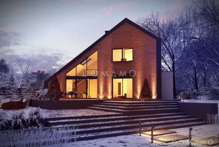 Проект мансардного дома в стиле шале из газобетона с дополнительной спальней на первом этаже, вторым светом и гаражом