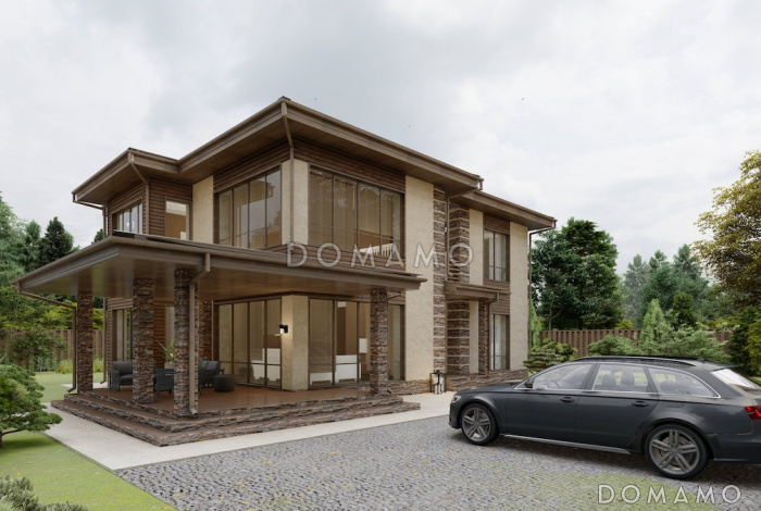 Проект двухэтажного дома с 3 спальнями, крытой террасой и панорамными окнами