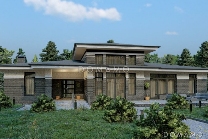 Проект одноэтажного дома с двумя террасами, кухней и гостиной в центральной части дома, сауной