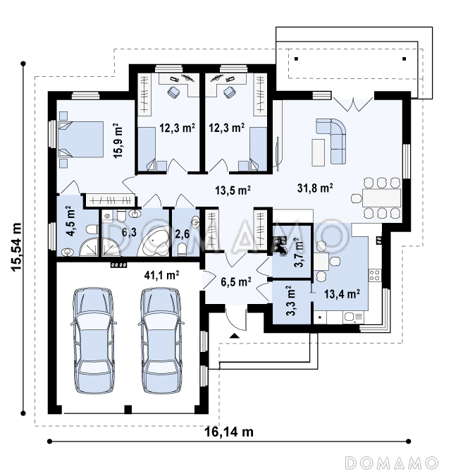 Проект одноэтажного дома из кирпича с тремя спальнями и гаражом на два автомобиля / План 1 этажа