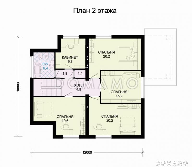 Проект загородного дома с темно-коричневой двускатной крышей и просторной гостиной с камином / План мансардного этажа