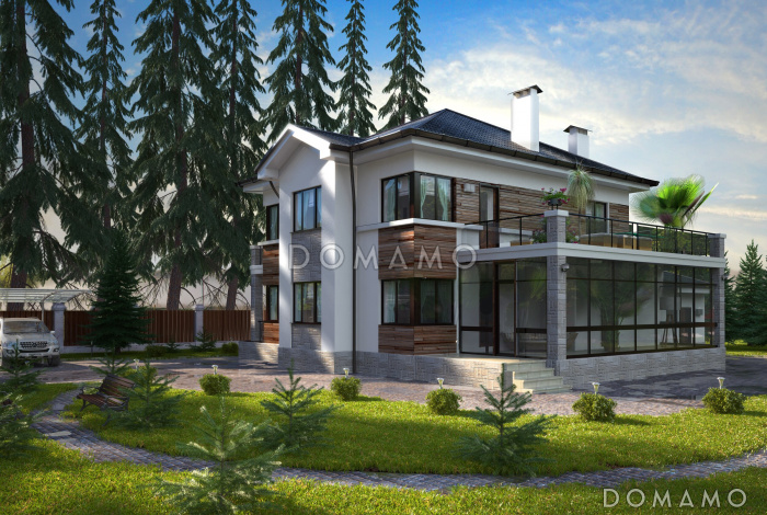 Проект загородного дома с гаражом, функциональной прихожей, просторной столовой зоной, зимнем садом