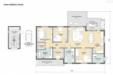 Проект дома в скандинавском стиле с 3 спальнями и барбекю на террасе / План 1 этажа