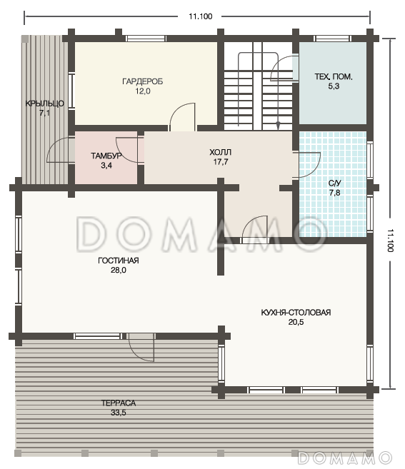 Проект респектабельного дома из клееного бруса с террасой / План 1 этажа