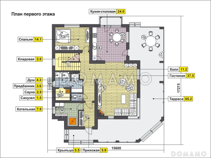 Проект дома с большой террасой, кухней с эркером, сауной, кладовой у лестницы / План 1 этажа