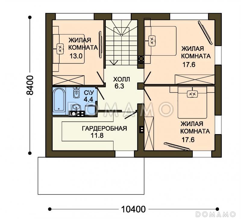 Проект лаконичного коттеджа с четырьмя спальнями, широкими окнами и большой гардеробной / План 2 этажа