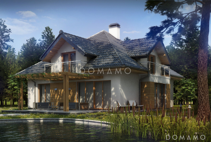 Проект классического одноэтажного мансардного дома из газобетона с дополнительными спальнями на первом этаже и мансардном, с тремя балконами и гаражом на два автомобиля