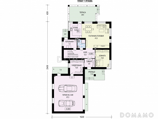 Проект загородного дома с гаражом на две машины, террасой, отдельной гардеробной при входе / План 1 этажа