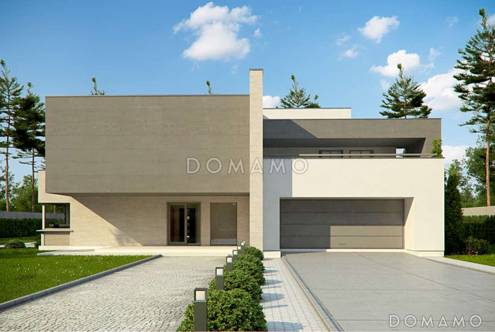 Проект большого современного двухэтажного дома из кирпича необычной формы, с тремя спальнями и кабинетом, сауной и гаражом