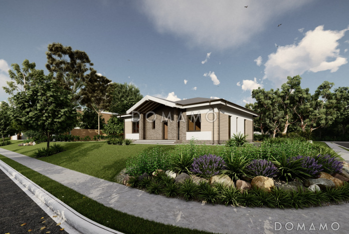 Проект одноэтажного дома с тремя спальнями, гардеробной, сауной и террасой