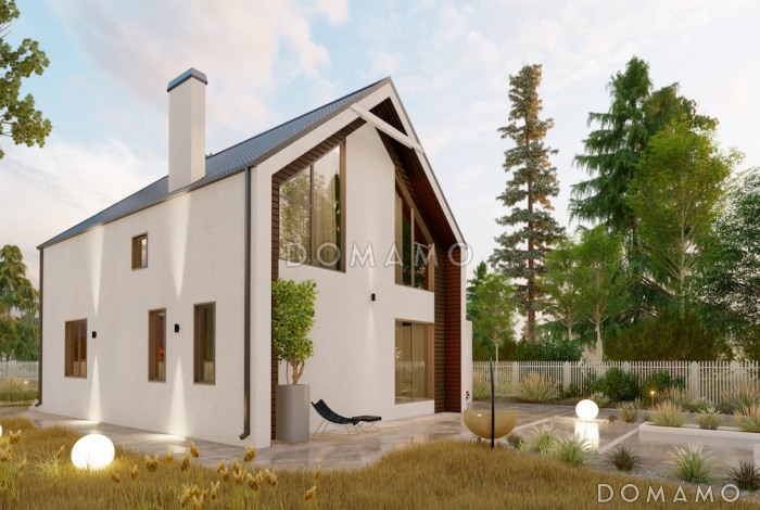 Проект двухэтажного дома в стиле барнхаус с 4 спальнями, вторым светом, крытой террасой и автонавесом