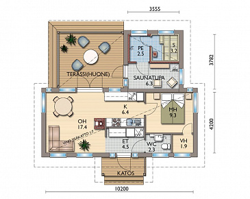 Проект каркасной сауны с угловой открытой террасой / План 1 этажа