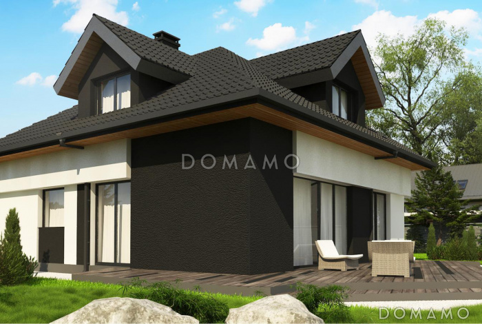 Проект дома с гаражом, постирочной, слуховыми и мансардными окнами в мансарде