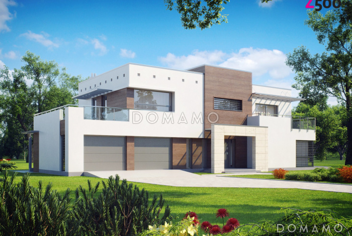 Проект современного двухэтажного дома в стиле хай-тек из кирпича с плоской крышей, балконом и гаражом с двумя отдельными въездами