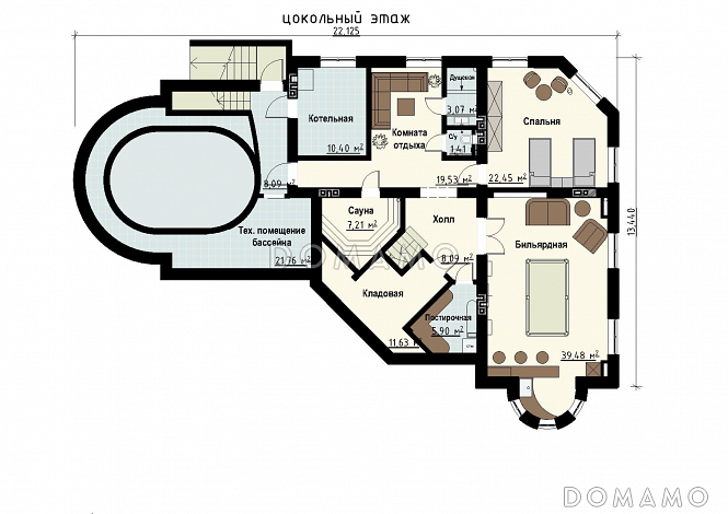 Проект загородного дома с цокольным этажом, бассейном, кабинетом, эксплуатируемой кровлей / План цокольного этажа