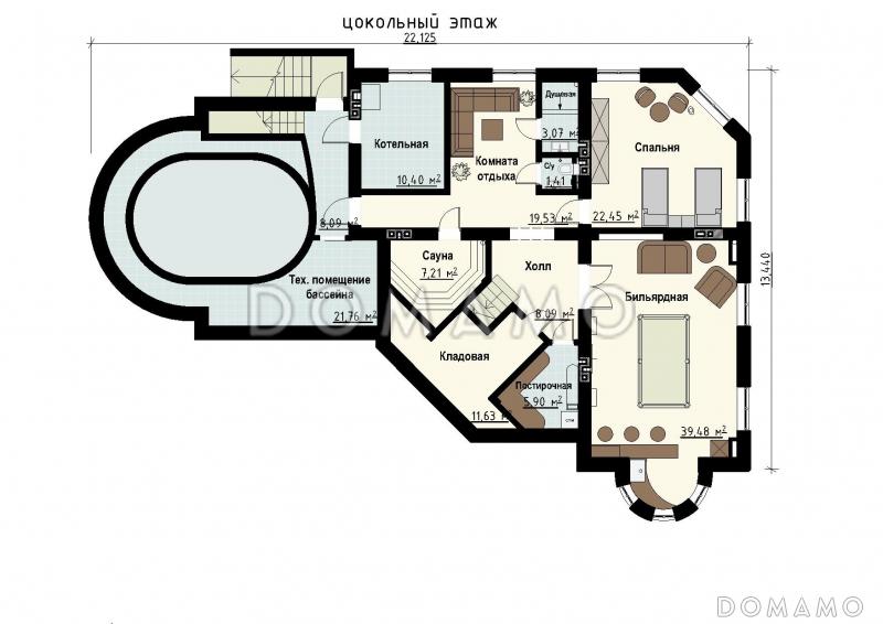 Проект загородного дома с цокольным этажом, бассейном, кабинетом, эксплуатируемой кровлей / План цокольного этажа