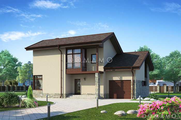 Проект дома с гаражом, гостиной с панорамным окном, тремя спальнями на мансардном этаже, кладовой