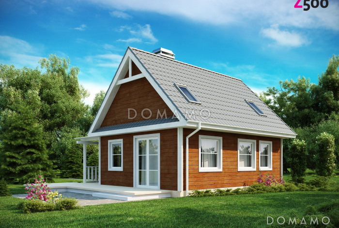 Проект компактного одноэтажного мансардного дома из газобетона с тремя спальнями и фронтальной террасой