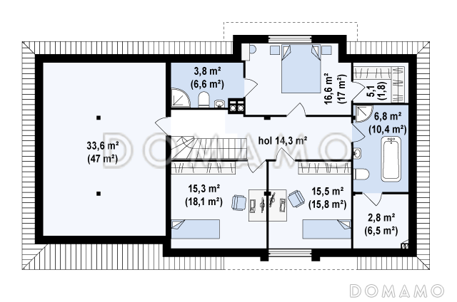 Проект просторного одноэтажного дома из кирпича со свободной зоной на мансардном этаже и со встроенным гаражом / План мансардного этажа